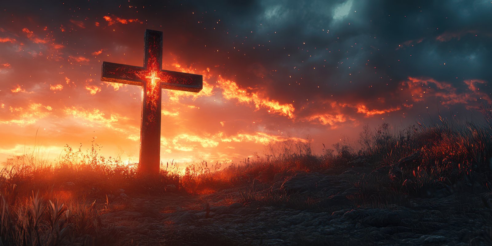 Sunset illuminates a cross atop a hill with dramatic clouds and vibrant colors in the background